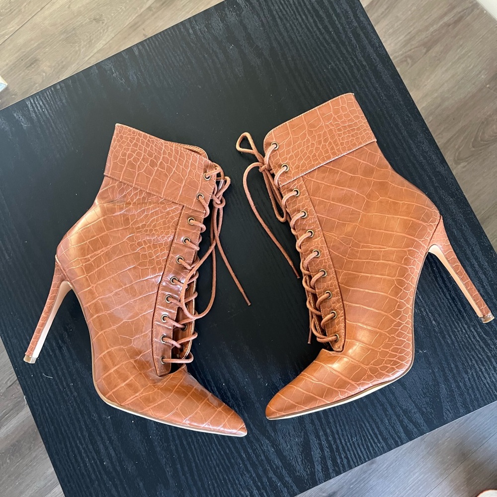 Croc-Embossed Lace-Up Ankle Boots - Brown